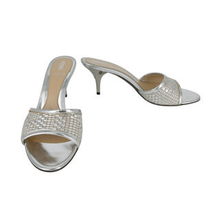 Fendi Silver Metallic Woven Leather Mules Size 37